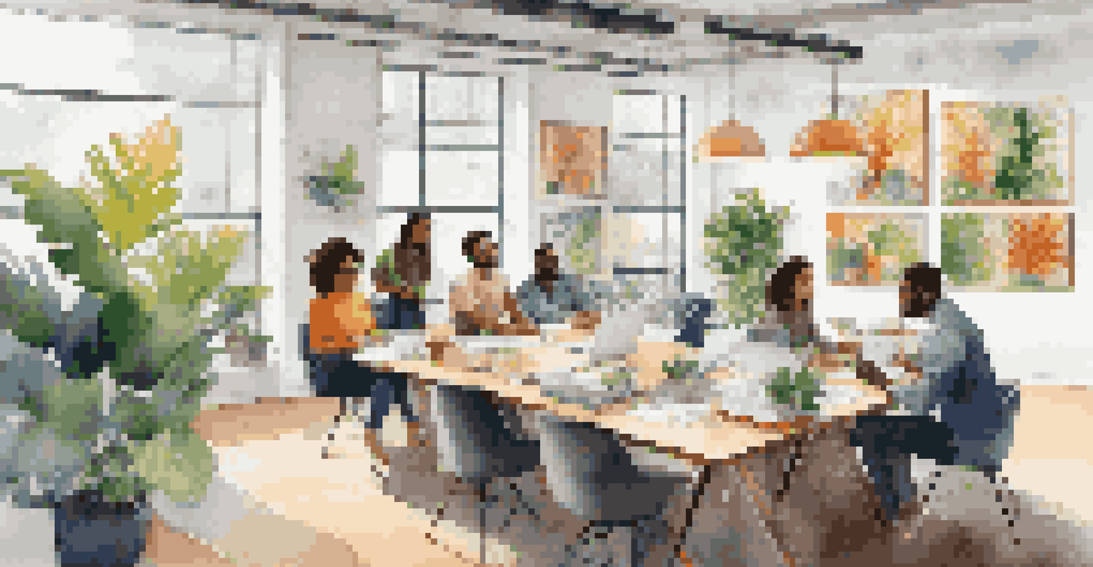 A diverse group of young professionals collaborating in a bright office space with plants and artwork.