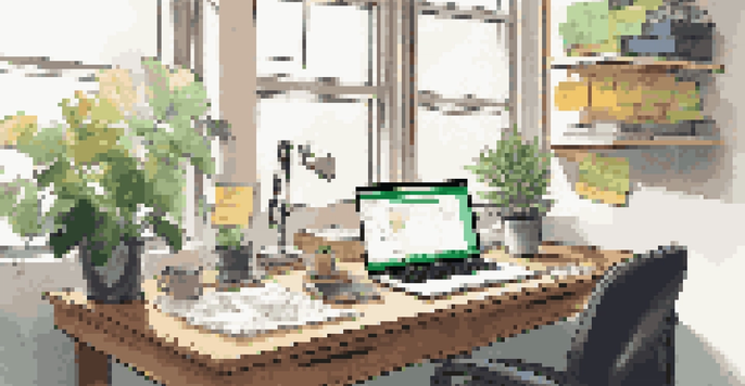 A modern workspace with a laptop, colorful post-it notes, a coffee mug, and a green plant, illuminated by soft natural light.