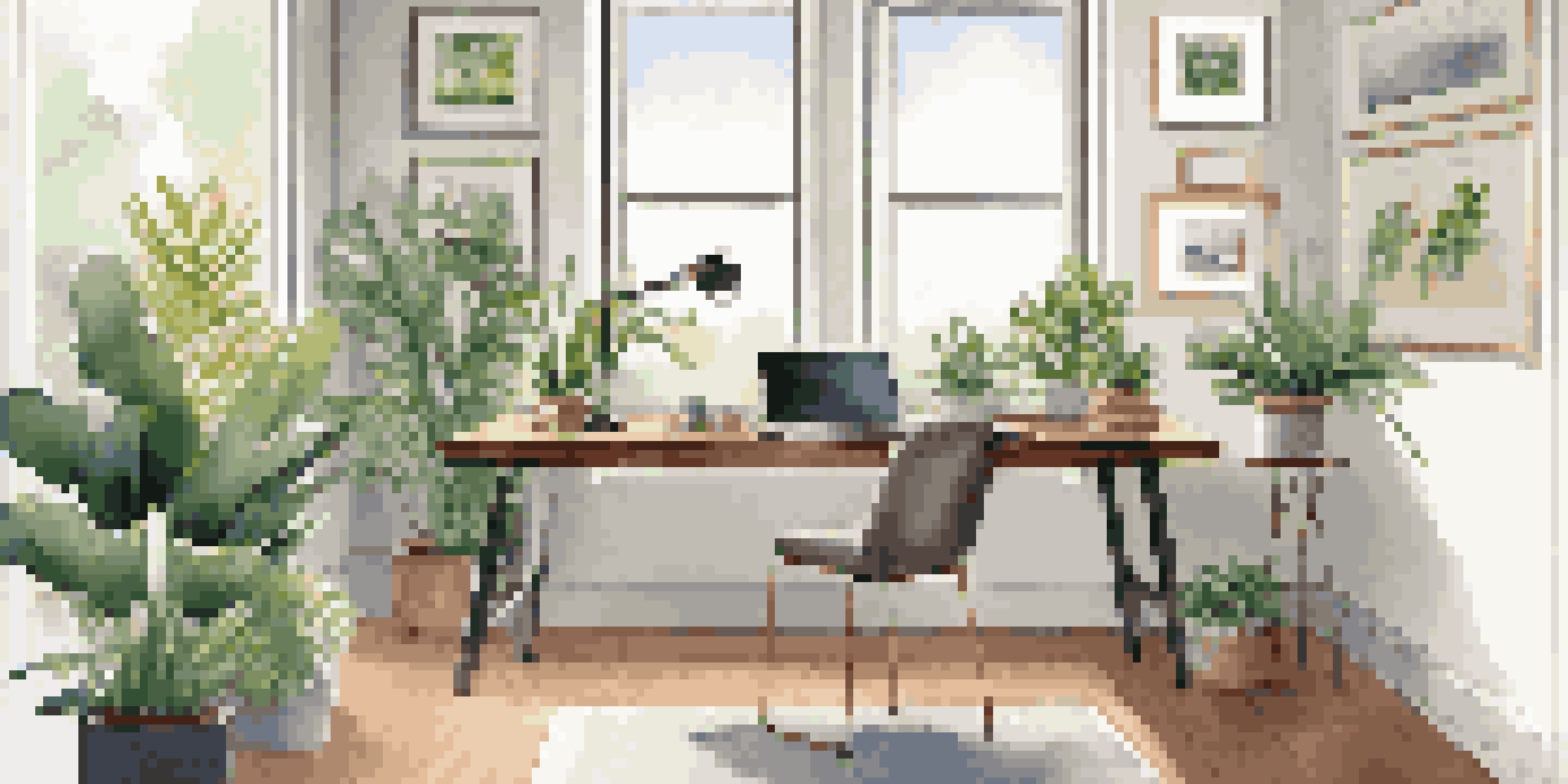 A bright and inviting home office with a laptop on a desk, an ergonomic chair, and indoor plants by the window.