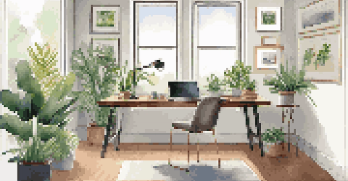 A bright and inviting home office with a laptop on a desk, an ergonomic chair, and indoor plants by the window.