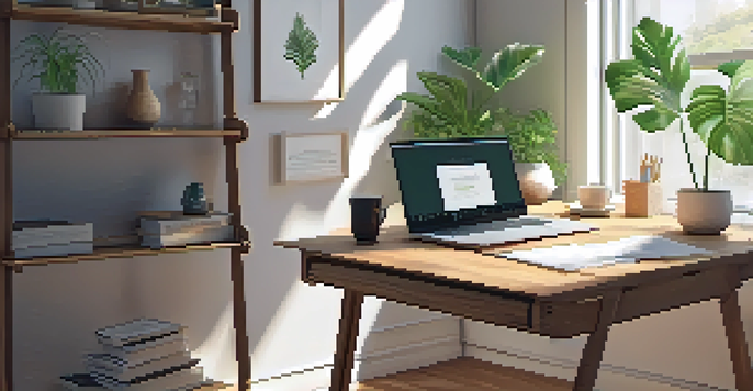 A calm office environment with a desk, laptop, houseplants, and soft light from a window.