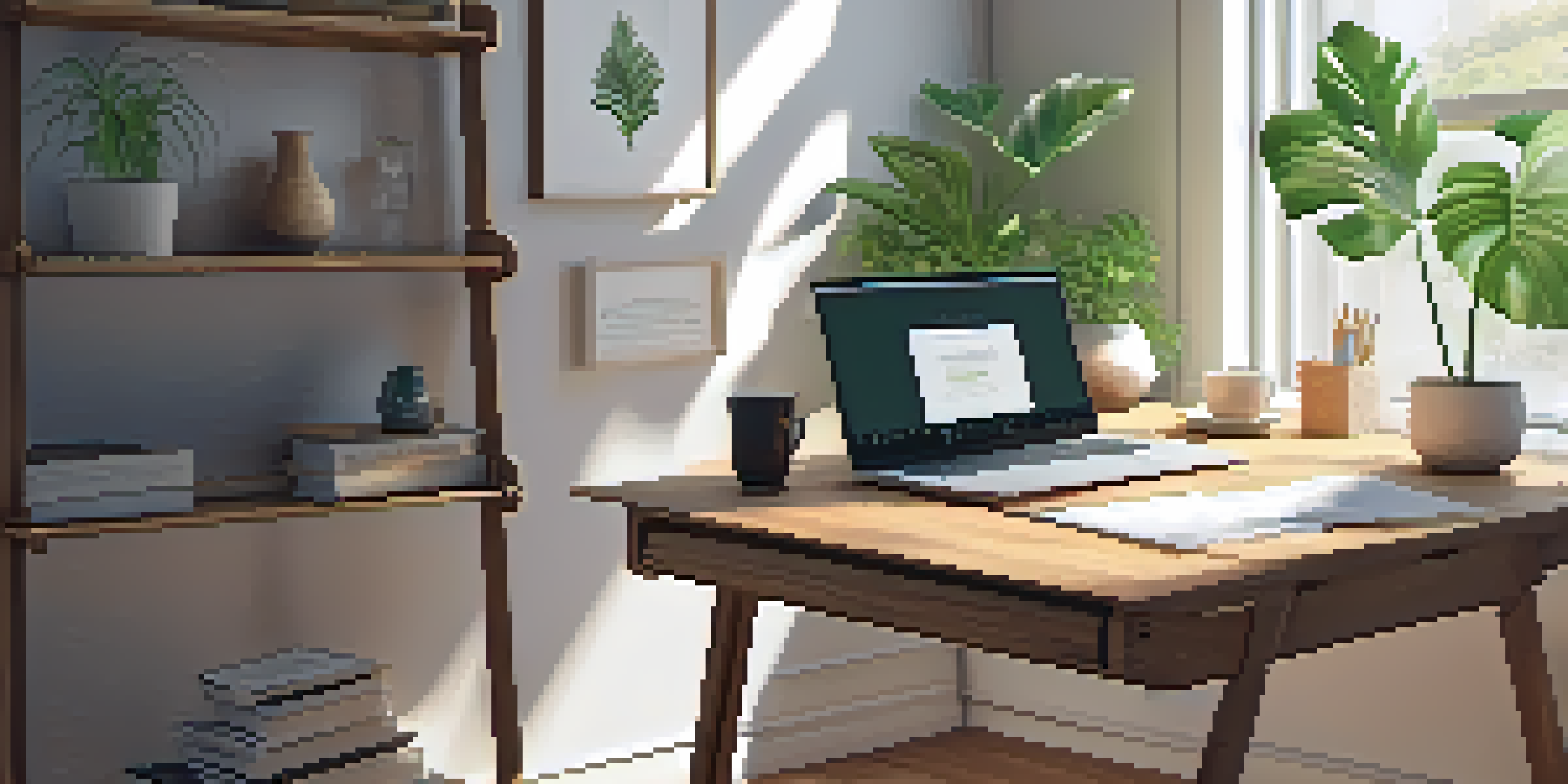 A calm office environment with a desk, laptop, houseplants, and soft light from a window.