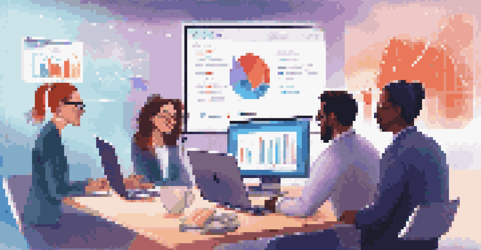 A diverse group of professionals on a video call, with analytics displayed on a screen, showcasing collaboration in a modern workspace.