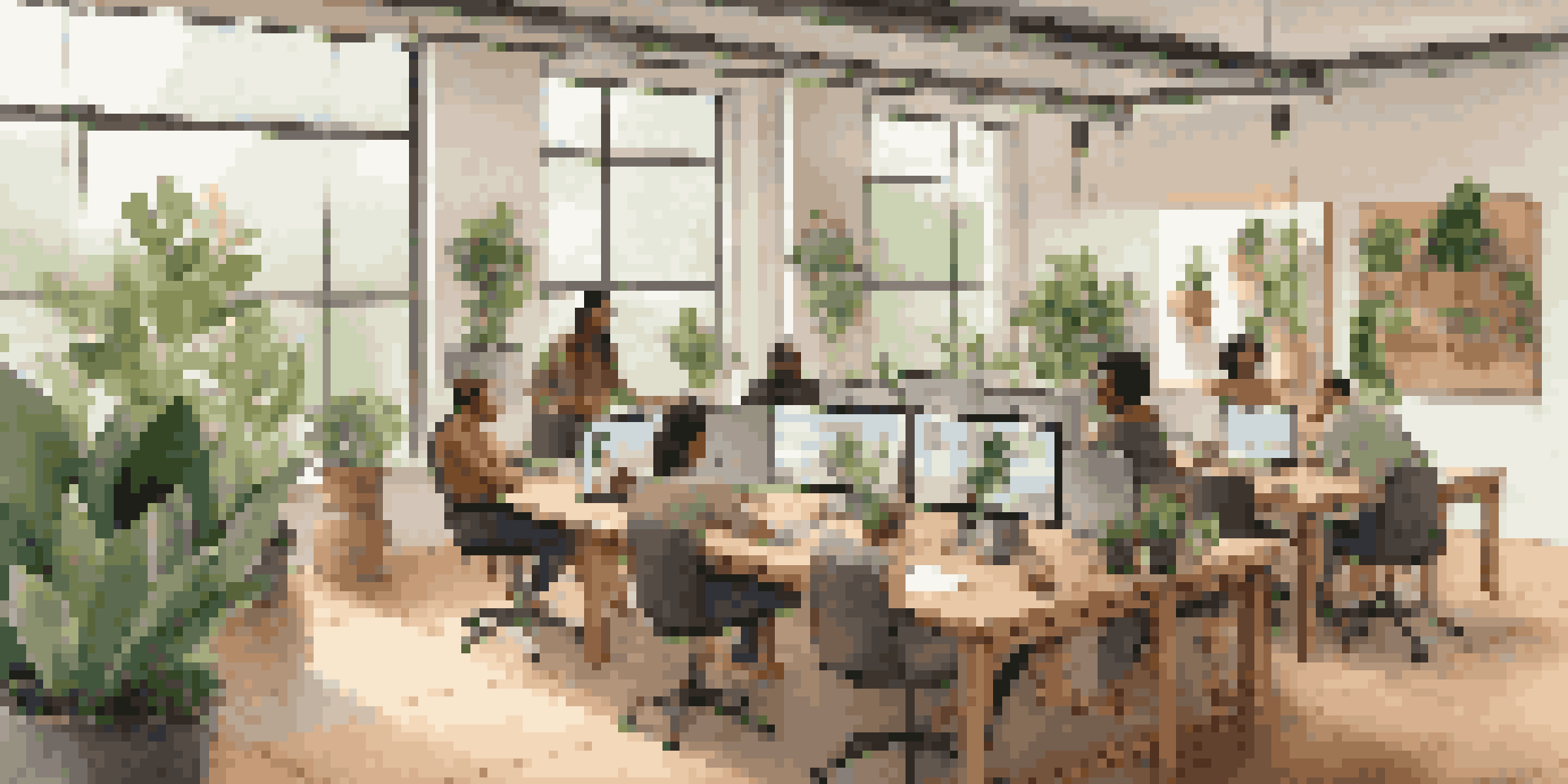 A visually appealing hybrid workspace with team members on a video call, a large wooden table, and greenery in the background.
