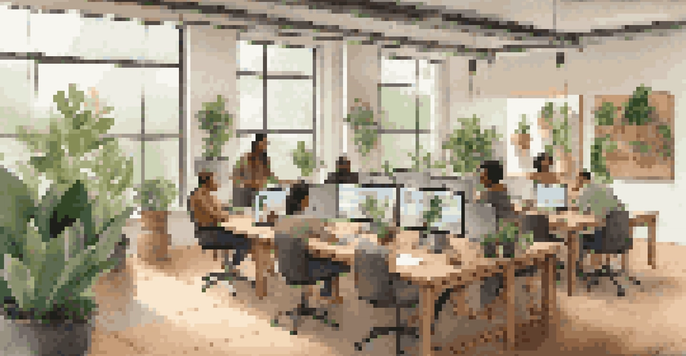 A visually appealing hybrid workspace with team members on a video call, a large wooden table, and greenery in the background.