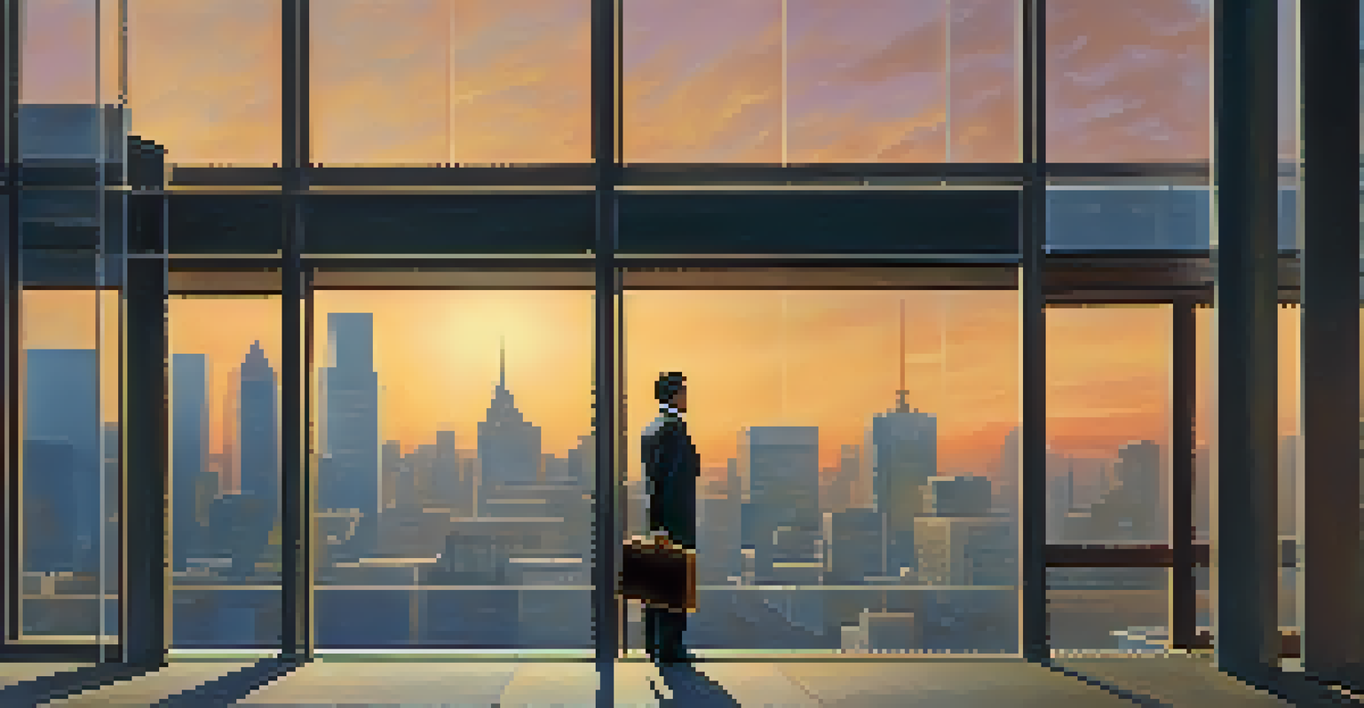 A person in business attire contemplating their career choice in front of an office building at sunset.