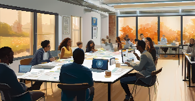 A diverse group of professionals actively discussing in a brightly lit workshop, surrounded by laptops and notebooks.