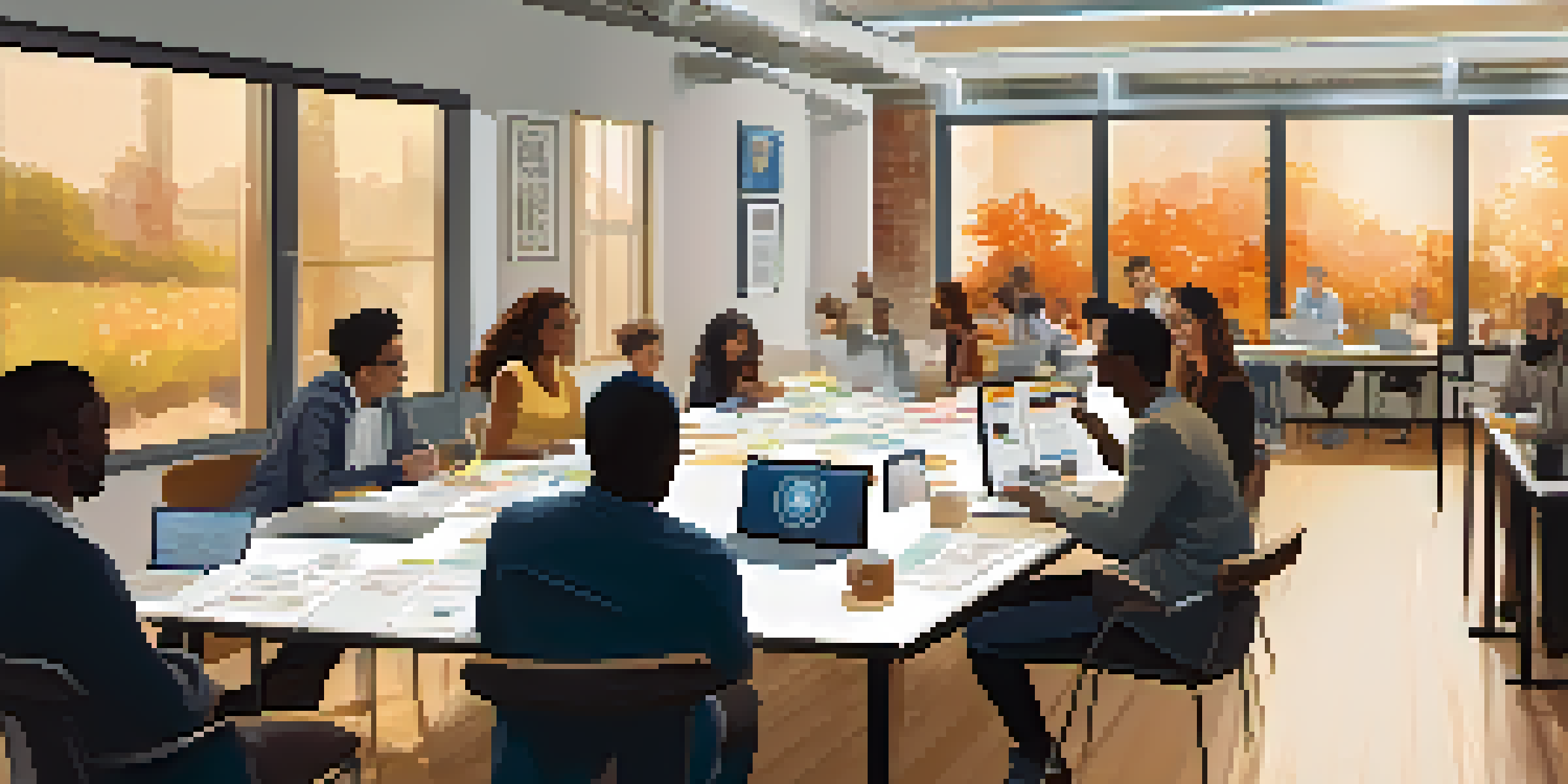 A diverse group of professionals actively discussing in a brightly lit workshop, surrounded by laptops and notebooks.