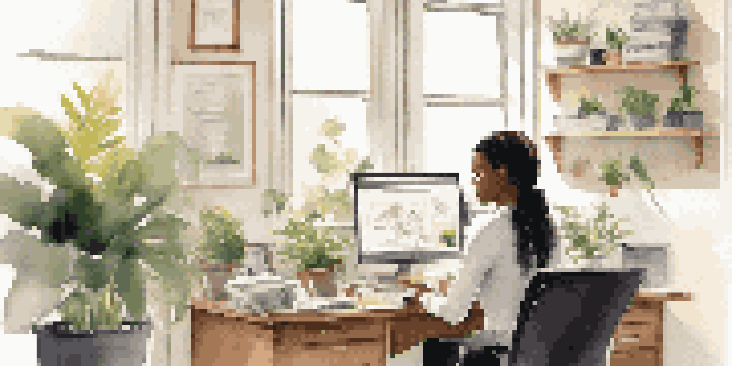 A woman in a bright office, participating in a video coaching session with a notebook in hand.