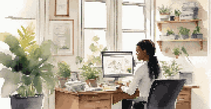 A woman in a bright office, participating in a video coaching session with a notebook in hand.