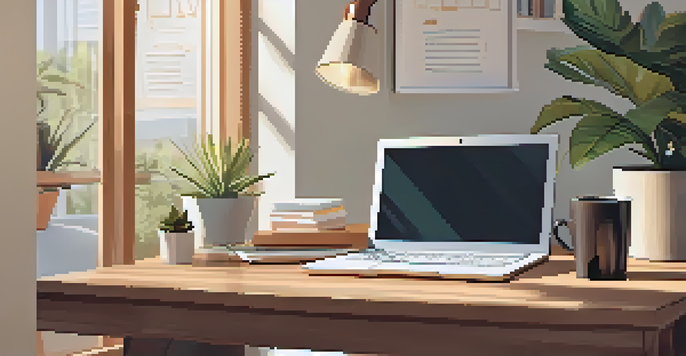 A well-organized professional workspace with a laptop, notepad, and coffee cup, illuminated by natural light from a window.