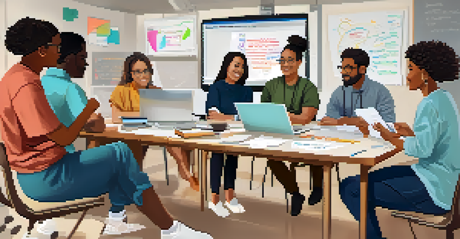 A group of diverse professionals collaborating in a classroom workshop, with laptops and a whiteboard displaying concepts.