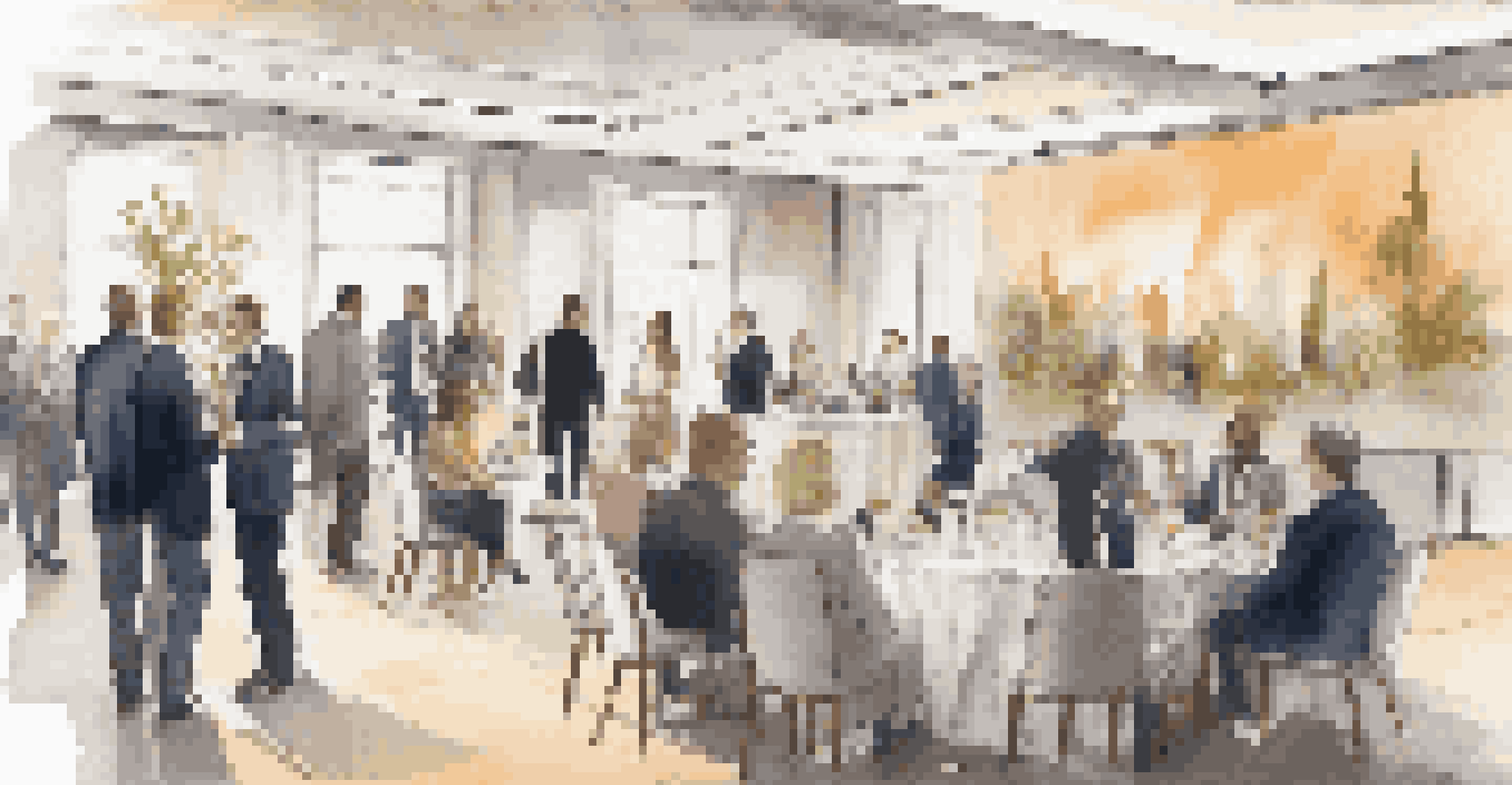 A stylish networking mixer with attendees enjoying conversations in a modern venue.