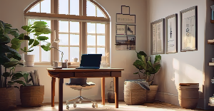 A warm and inviting home office with a wooden desk, laptop, and potted plants, illuminated by soft natural light from a window.
