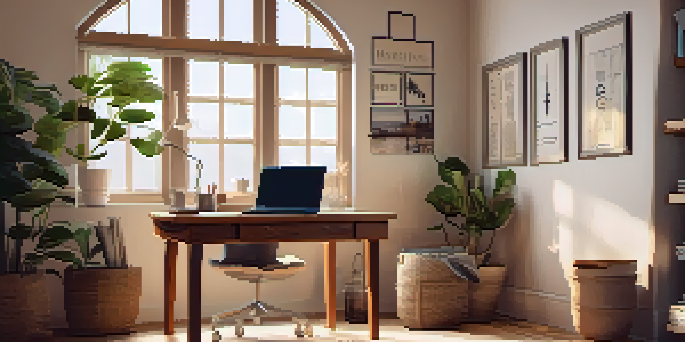 A warm and inviting home office with a wooden desk, laptop, and potted plants, illuminated by soft natural light from a window.