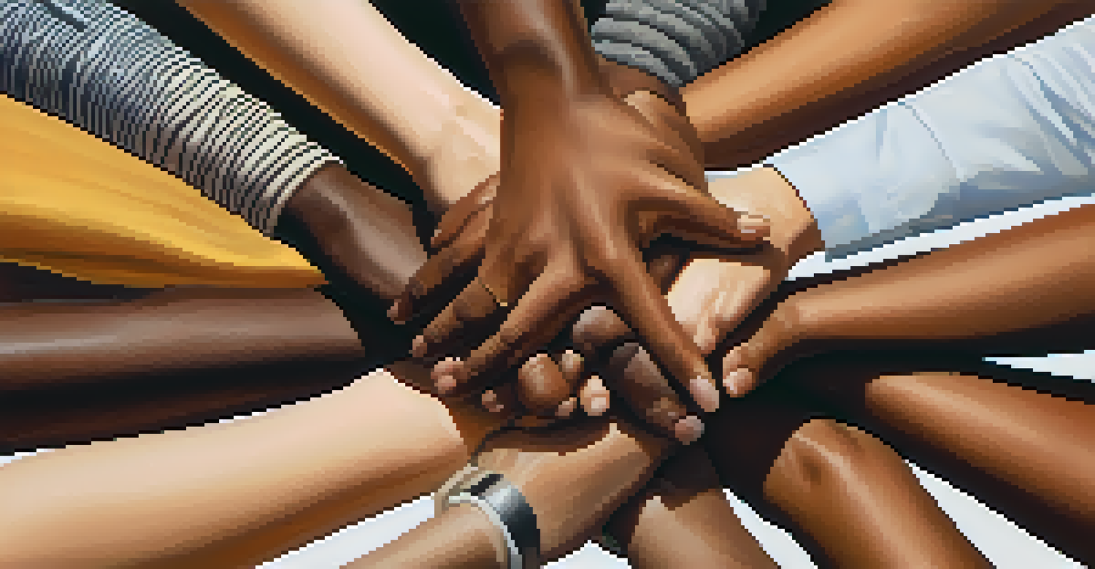 Hands of diverse individuals united in a circle, symbolizing unity and inclusiveness.