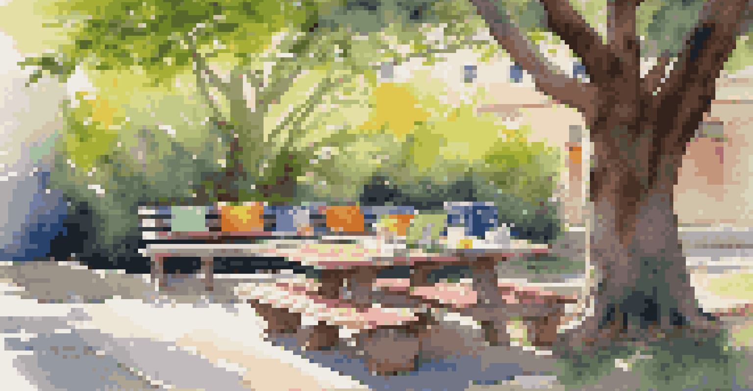 An outdoor workspace featuring a picnic table with laptops and notebooks under a tree, with colorful cushions and dappled sunlight.