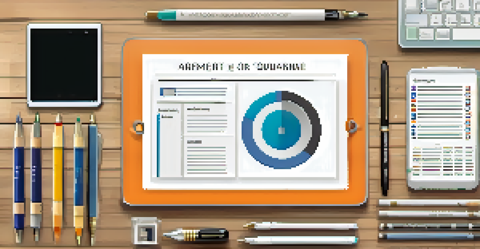 A digital tablet showing a well-organized resume template, surrounded by office supplies like pens and notepads.