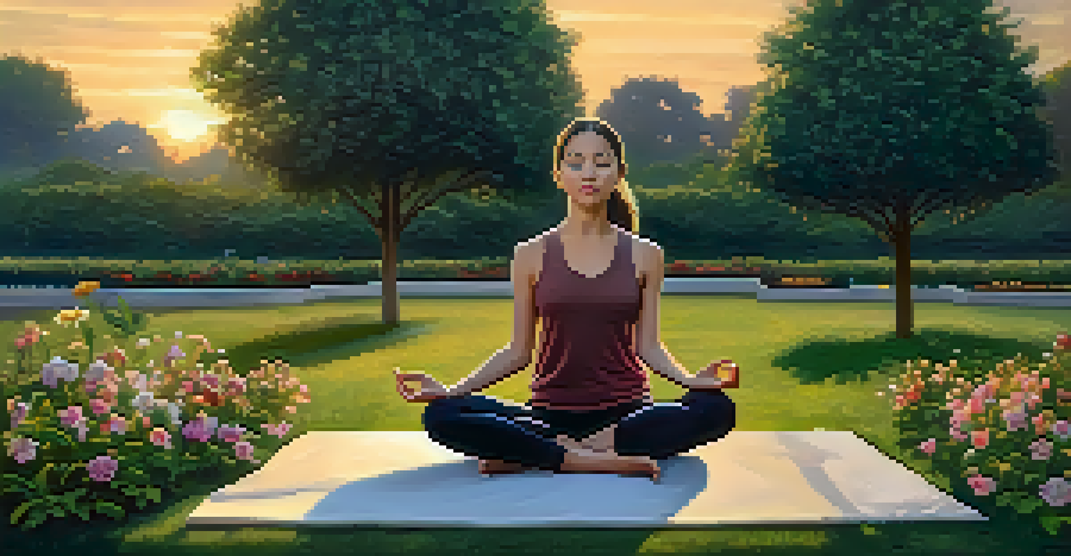 A person meditating in a tranquil park surrounded by greenery and flowers during sunset.