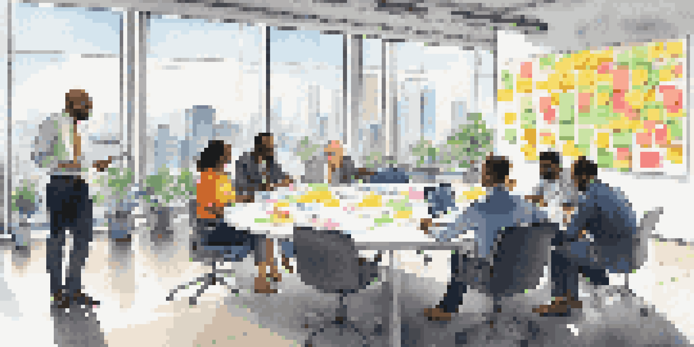 A diverse group of professionals collaborating during a meeting in a bright conference room with a city view.