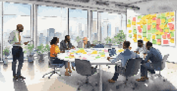 A diverse group of professionals collaborating during a meeting in a bright conference room with a city view.