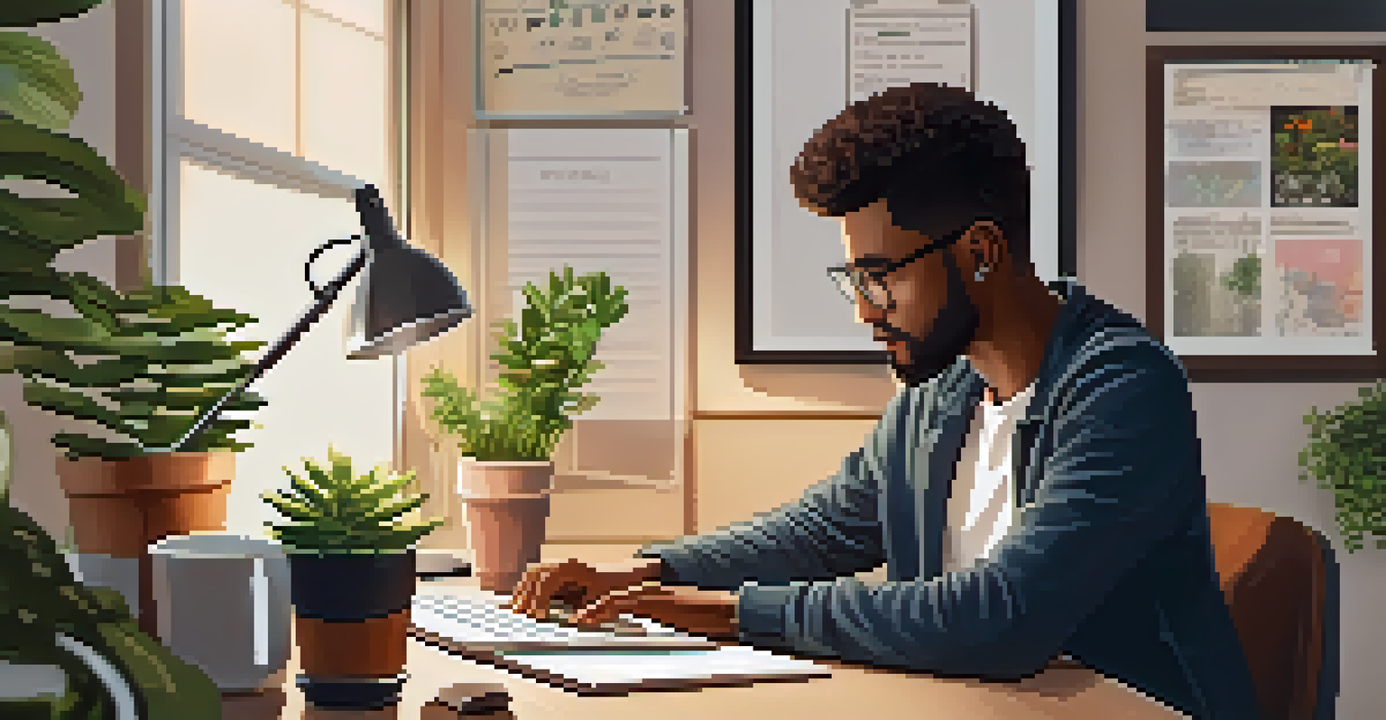 A person working diligently at a desk with a laptop, notepad, and coffee cup in a cozy workspace.