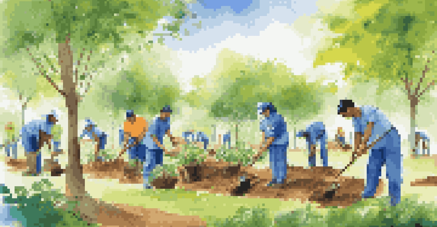 Employees engaged in a tree-planting community service event in a park, working together under blue skies.