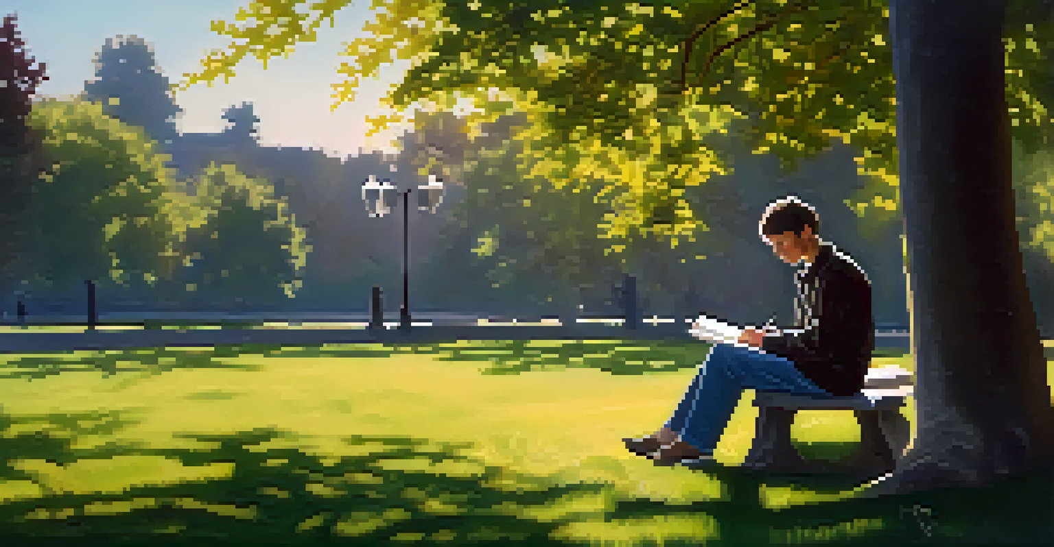 An individual in a peaceful park, writing in a notebook, surrounded by nature and sunlight filtering through the trees.