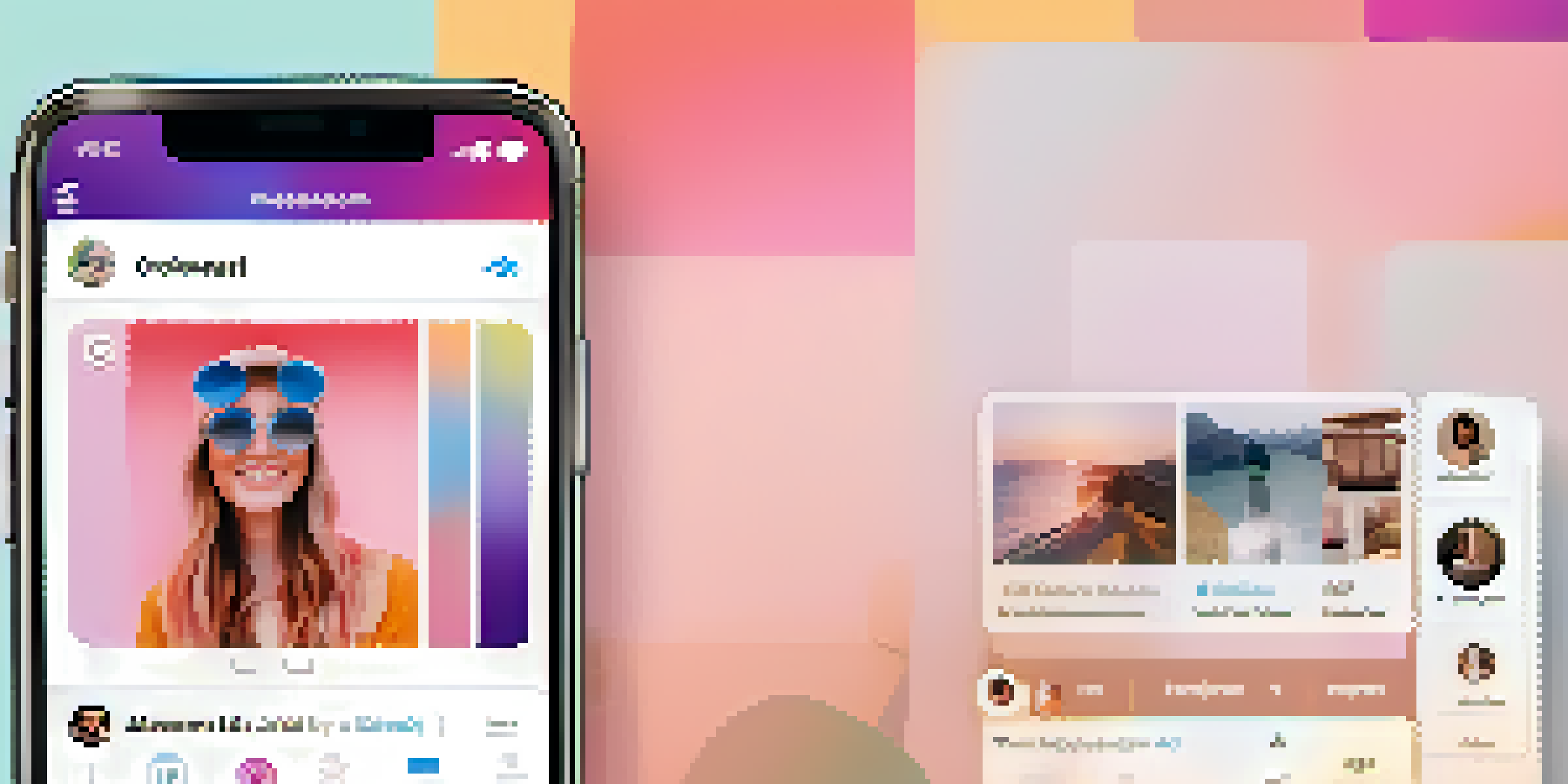 A smartphone displaying an Instagram profile with a professional headshot and colorful highlights, set against a pastel gradient background.
