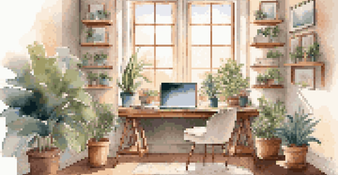 A cozy home office with a laptop on a desk, surrounded by plants and warm sunlight coming through a large window.