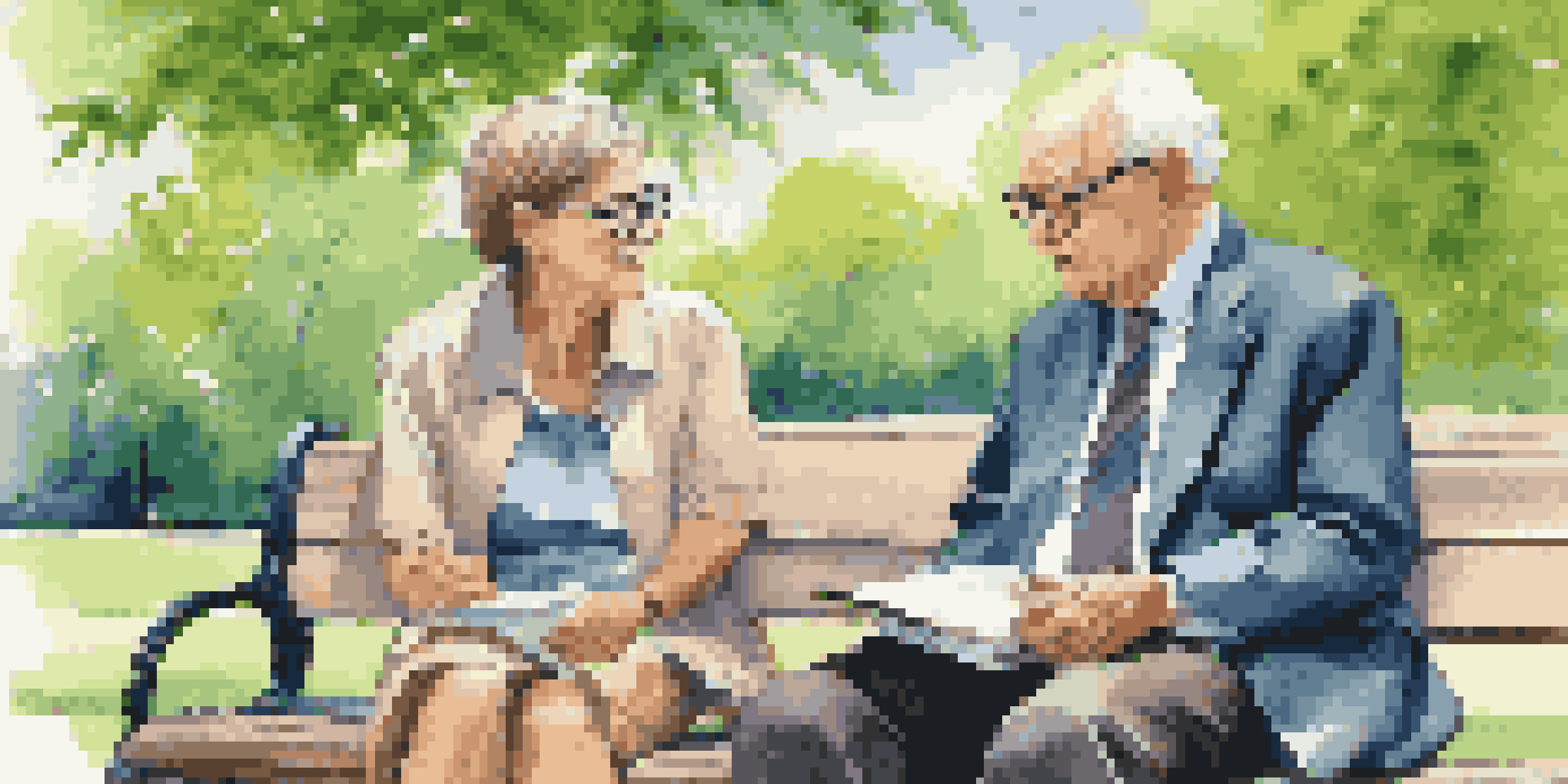 A mentor and a mentee having a discussion on a park bench surrounded by greenery.