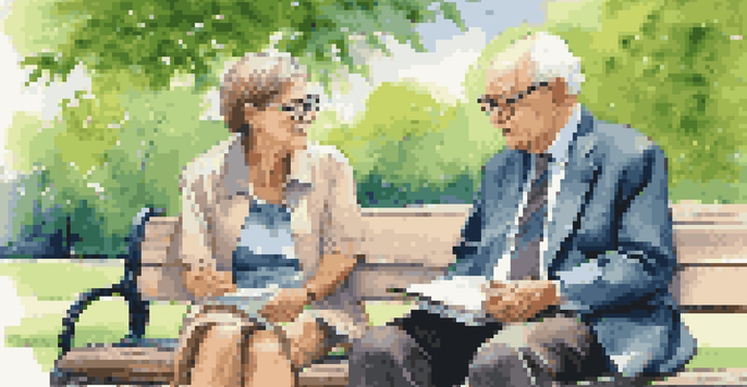 A mentor and a mentee having a discussion on a park bench surrounded by greenery.