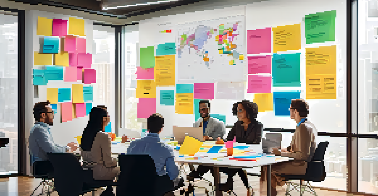 A diverse group of professionals brainstorming around a conference table with sticky notes and charts in a modern conference room.