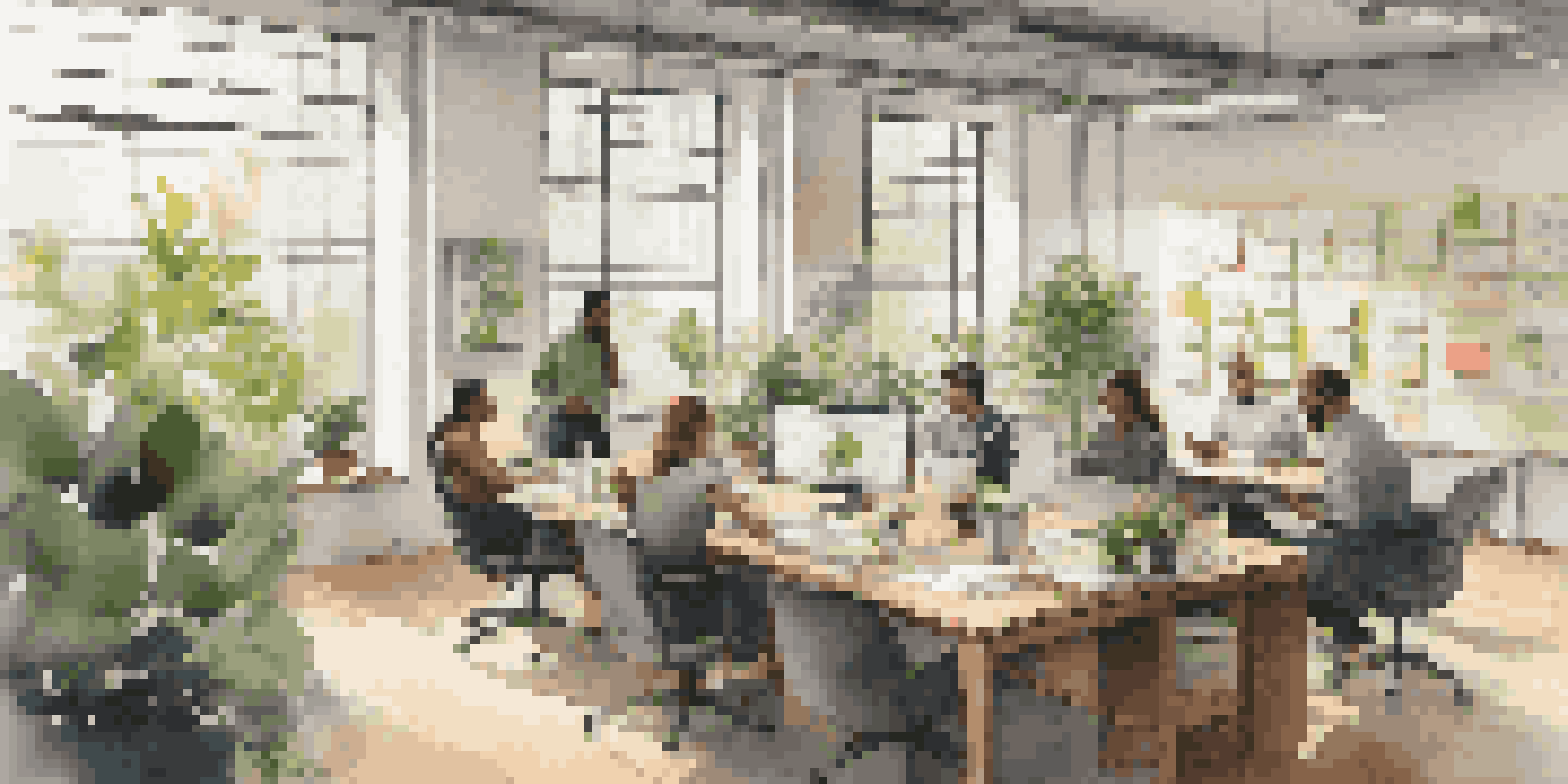 A diverse group of employees collaborating in a bright, modern office filled with natural light and greenery.