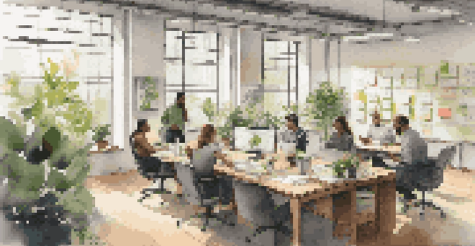 A diverse group of employees collaborating in a bright, modern office filled with natural light and greenery.