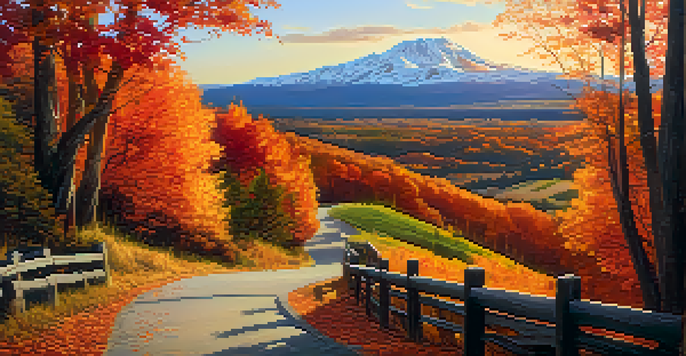 A picturesque autumn landscape with colorful leaves and a winding path under a golden sunset.
