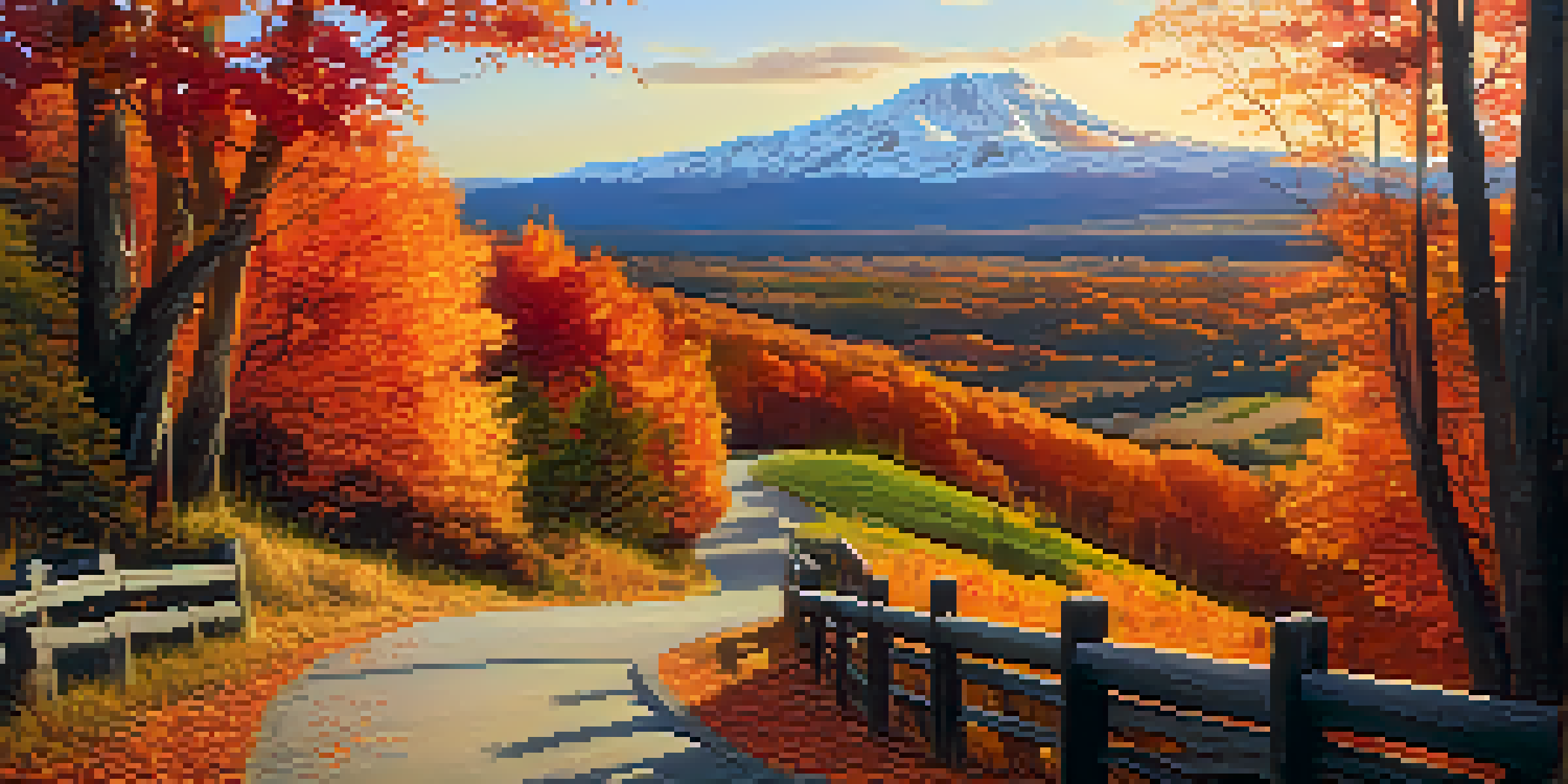 A picturesque autumn landscape with colorful leaves and a winding path under a golden sunset.