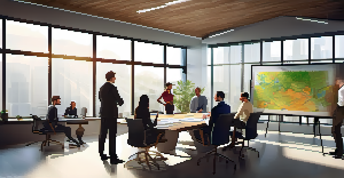 A diverse group of professionals in a bright office meeting space, collaborating and sharing ideas around a large wooden table with plants.