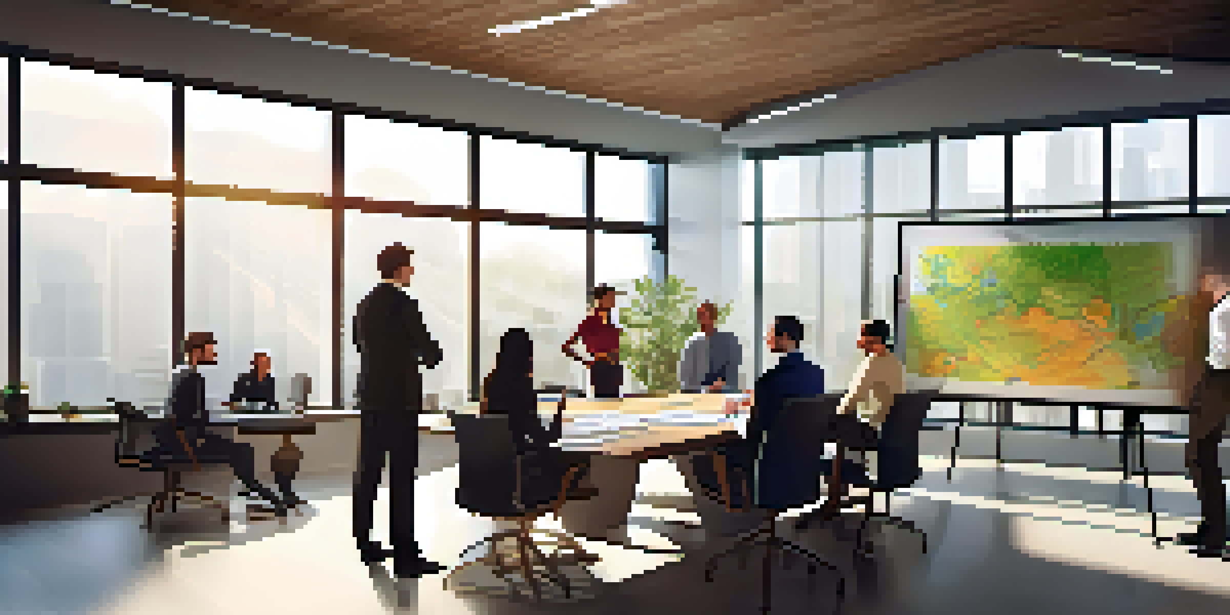 A diverse group of professionals in a bright office meeting space, collaborating and sharing ideas around a large wooden table with plants.