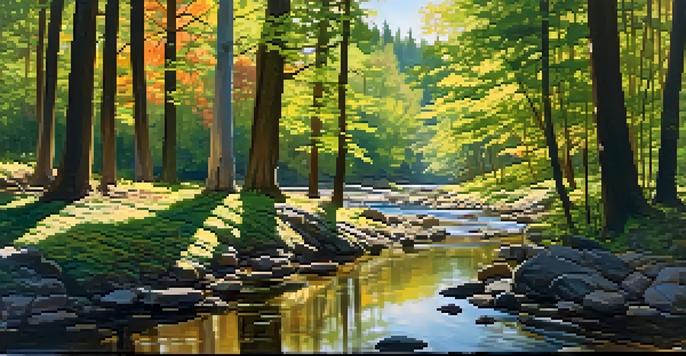 A peaceful forest scene with sunlight filtering through the trees and a stream running through it.