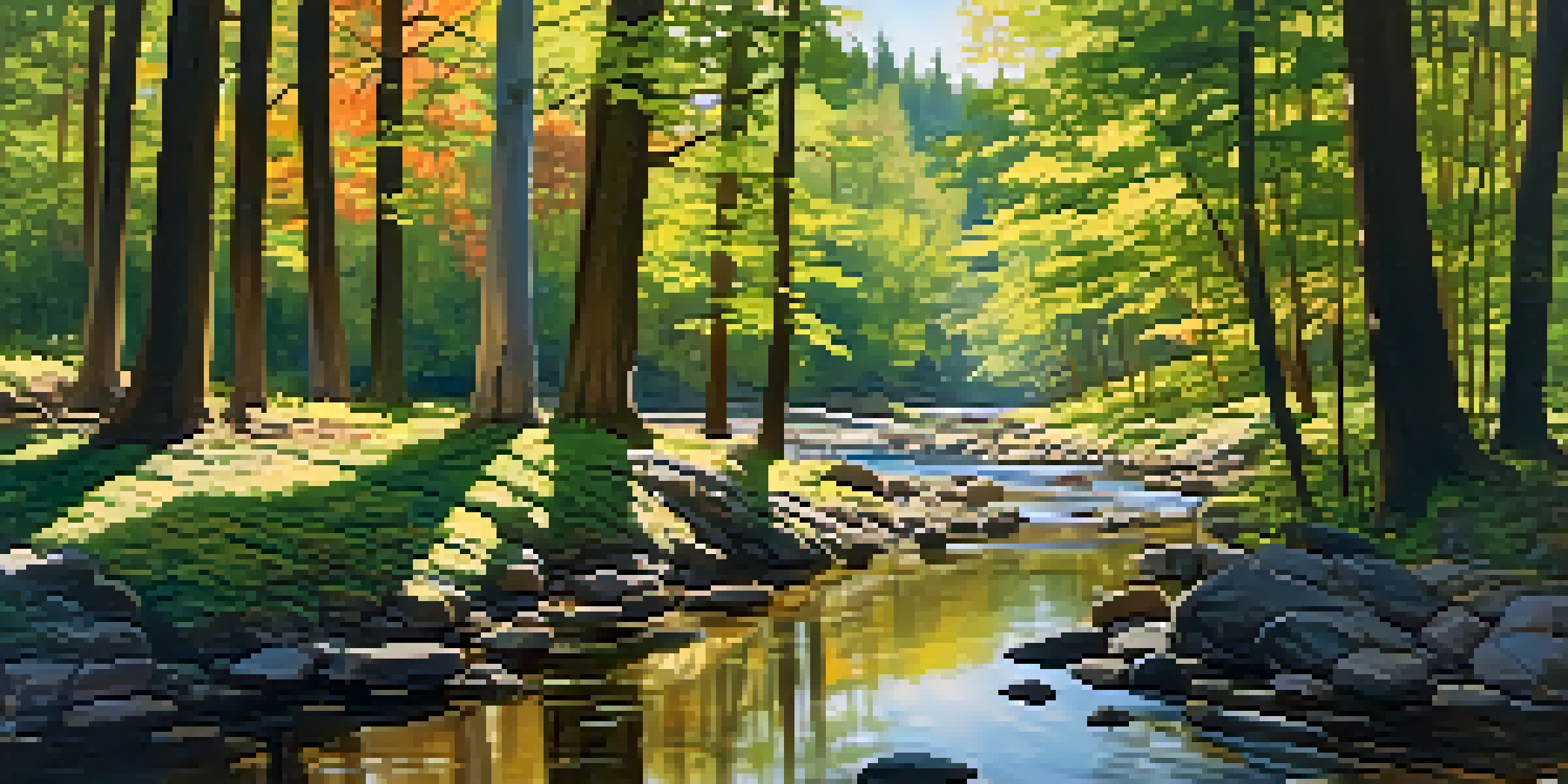 A peaceful forest scene with sunlight filtering through the trees and a stream running through it.