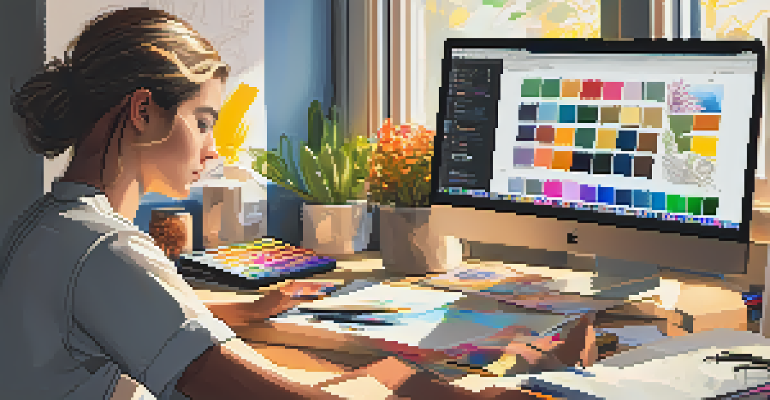 A young intern working diligently at a graphic design desk with a computer, surrounded by creative materials and warm ambient light.