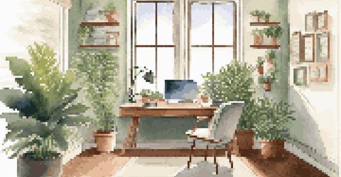 A bright office space with a wooden desk, laptop, and indoor plants, illuminated by natural light.