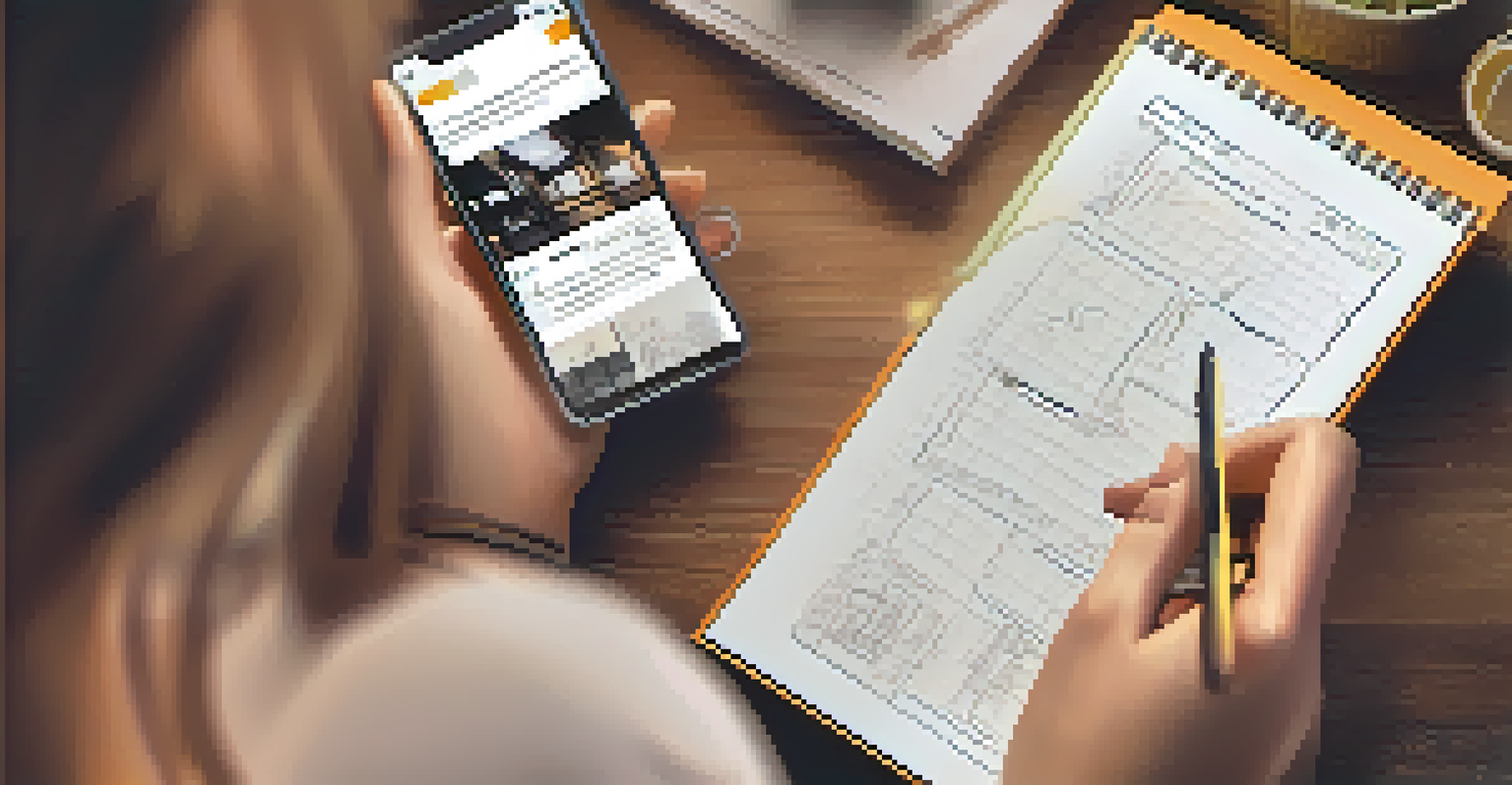 A hand writing on a notepad next to a smartphone displaying a responsive portfolio website in warm ambient light.
