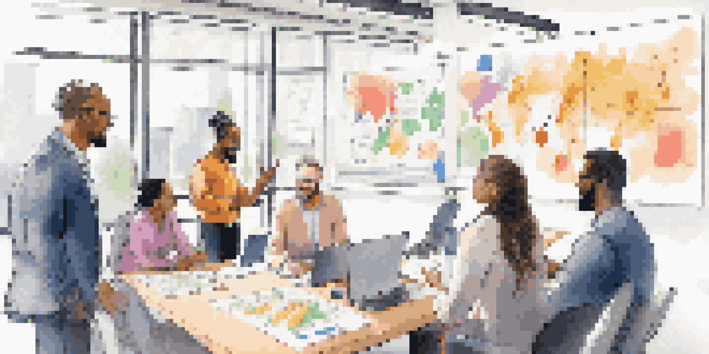A diverse group of professionals in a bright, modern office, engaged in a collaborative team meeting with a whiteboard filled with colorful notes.