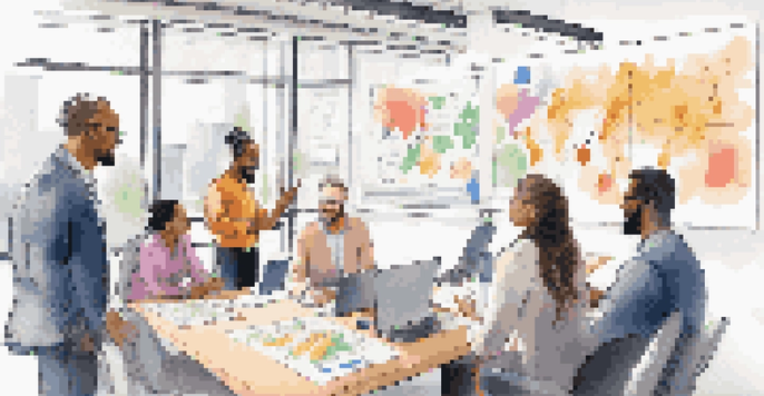 A diverse group of professionals in a bright, modern office, engaged in a collaborative team meeting with a whiteboard filled with colorful notes.