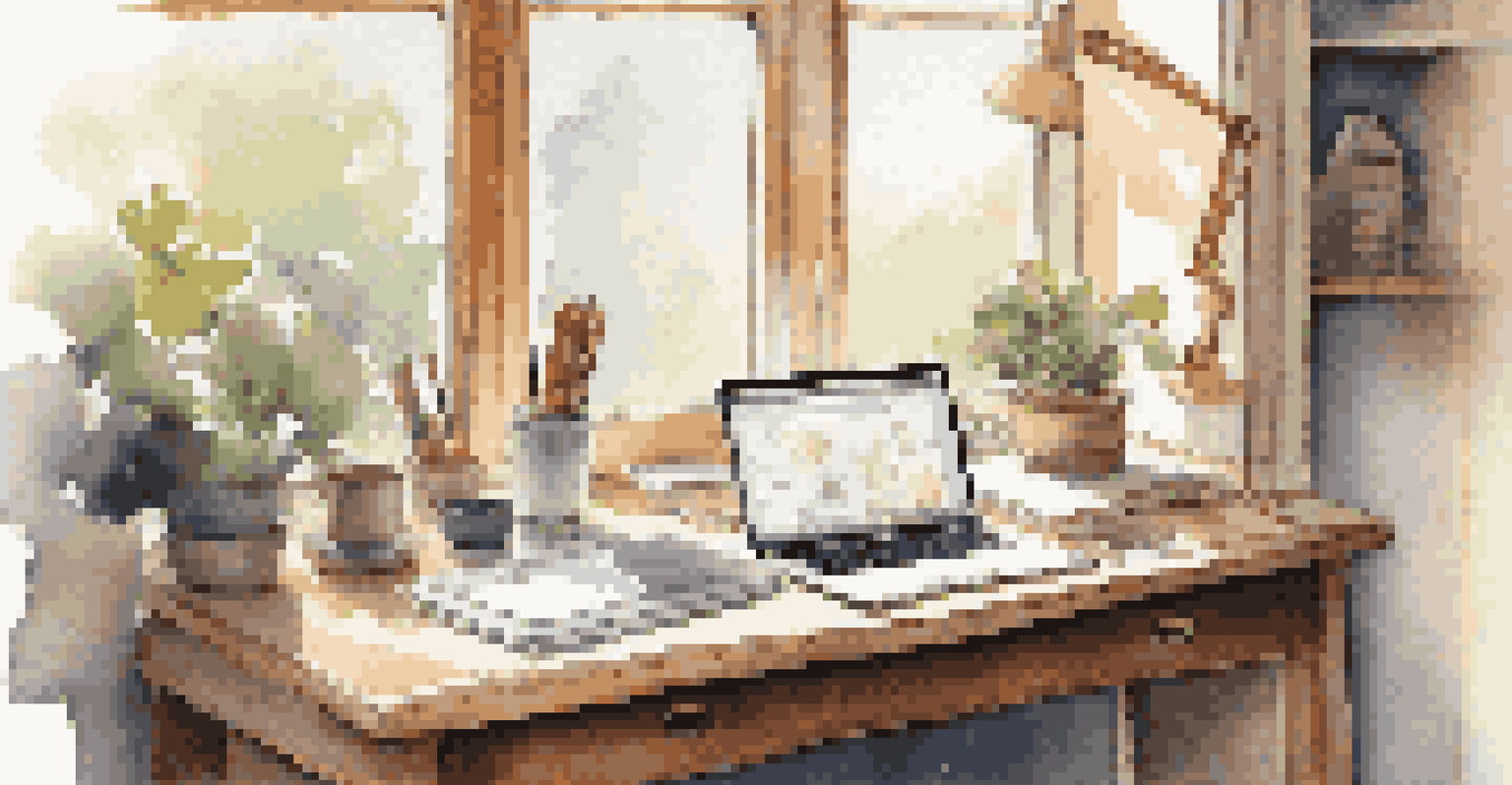 A calm workspace with a wooden desk, an open laptop showing a crowdsourcing platform, a coffee cup, and a notepad of ideas.