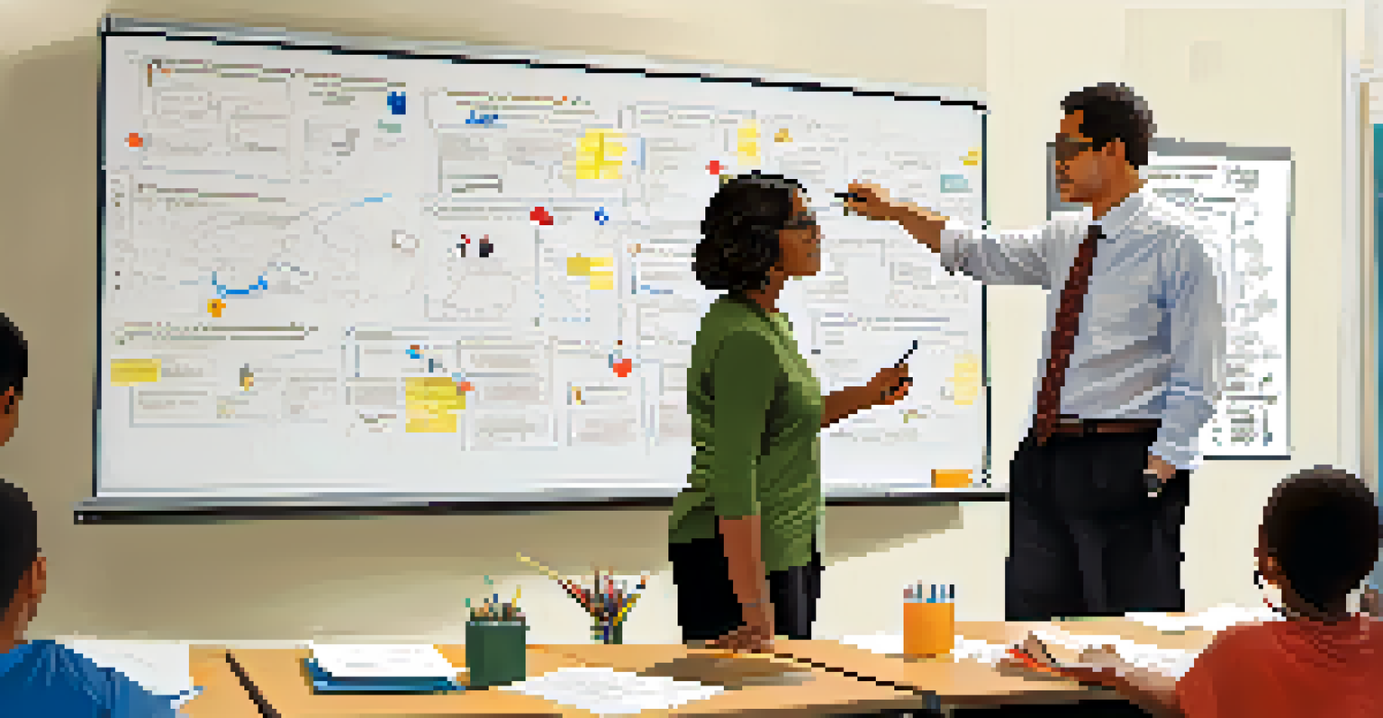 A mentor explaining concepts to a mentee in front of a whiteboard, surrounded by educational materials.
