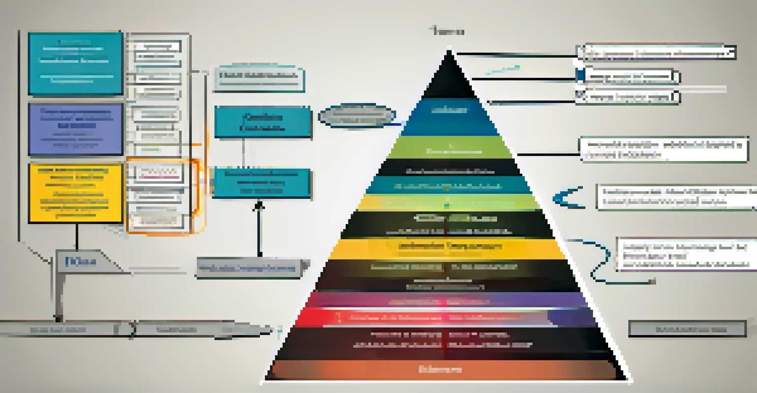 A pyramid illustration representing a hierarchical office structure, with labeled levels and arrows showing communication flow between roles.