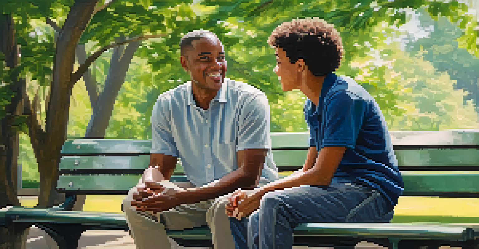 A mentor and mentee engaged in conversation on a park bench, showcasing active listening in a serene environment.